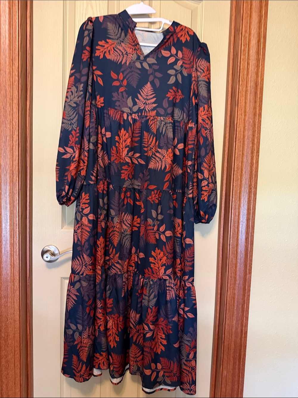 Women's Navy Floral Tiered Maxi Dress with Rust Leaf Print